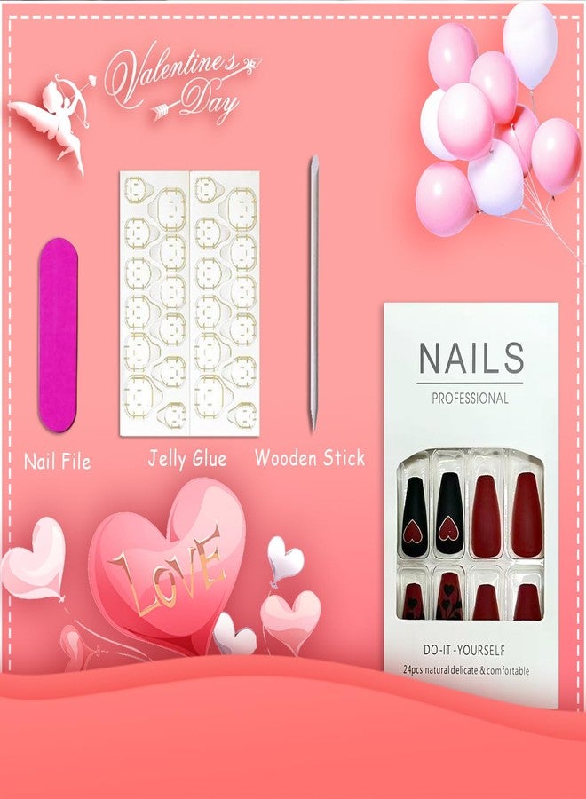 Vopintpy Black Red Flower Love Heart Press on Nails Romantic Valentines Fake Nails Matte Long Ballerina Nail Valentines Reusable Acrylic Nail for Women DIY Manicure - Image 5